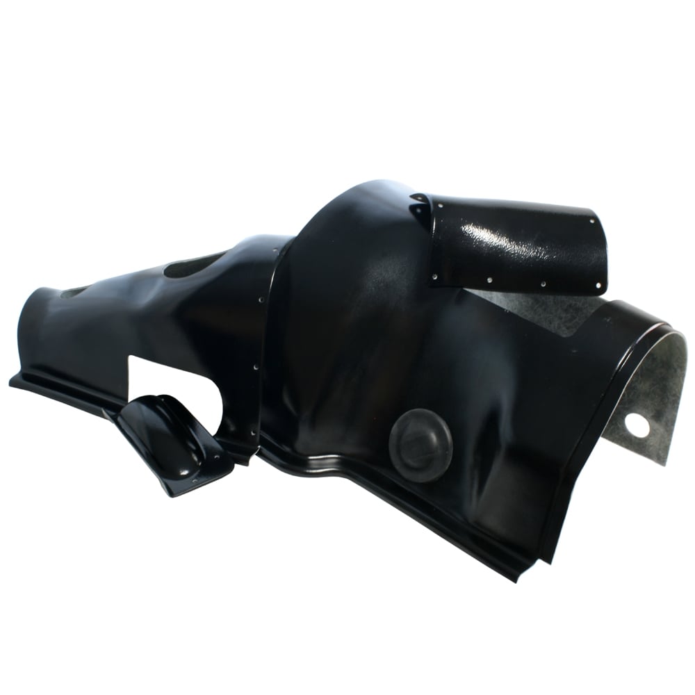 Black metal car part with multiple curves and openings, possibly a protective shroud or cover, isolated on a white background.