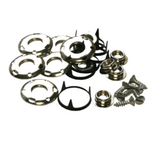A collection of Racetorations Propshaft Tunnel Cover Fitting Kit - TR4A-6, including sockets, caps, studs, and posts, displayed on a white background.