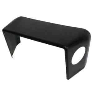 Black Racetorations Radiator Duct cover for a TR4A, featuring a textured surface, curved edges, and a prominent cutout on one side, isolated on a white background.