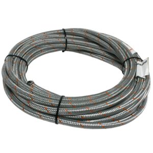 A coiled, gray climbing rope with orange and black markings, secured neatly with a black strap against a white background.
