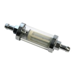 In-Line Glass Fuel Filter with metal end caps and connectors, isolated on a white background.