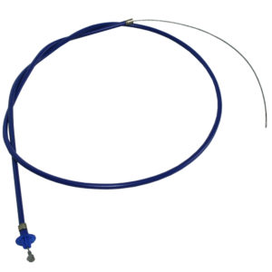 A Competition Throttle Cable, Nylon Lined, displayed in a circular shape with a metal inner wire protruding from one end and a small metal adjuster at the other.