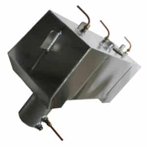A new stainless steel evaporator canister with copper pipes and a Racetorations Aluminium Fuel Tank - TR4-6, isolated on a white background.