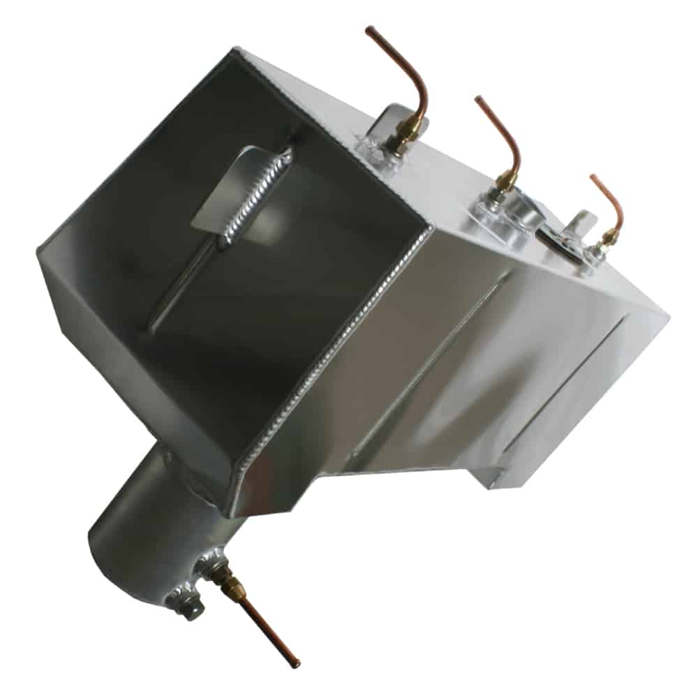 A new stainless steel evaporator canister with copper pipes and a Racetorations Aluminium Fuel Tank - TR4-6, isolated on a white background.