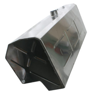A metal fuel tank with a reflective surface featuring multiple facets, a filler cap on top, and visible internal components through a semi-transparent section.