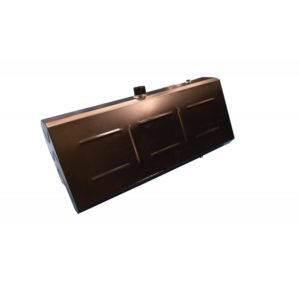 A sleek, rectangular black clutch purse with a glossy finish and a simple clasp on top, isolated on a white background.