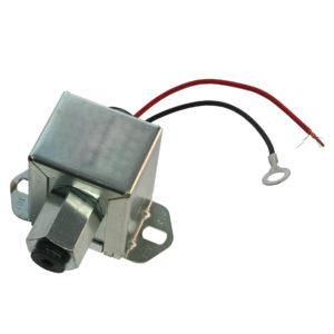 A small silver-toned Facet Solid State Fast Road Electronic Fuel Pump with a red and a black wire emerging from one side, mounted on a metal bracket, isolated on a white background.