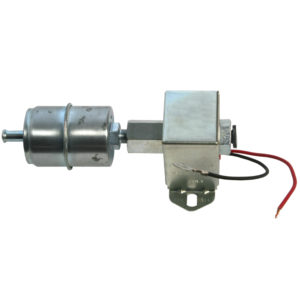 An electric motor with an attached metal gearbox and Facet Solid State Fast Road Electronic Fuel Pump & Filter Assembly, isolated on a white background.