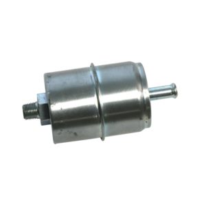 A metal Free Flow Fuel Filter with a cylindrical shape and threaded connectors on either end, isolated on a white background.
