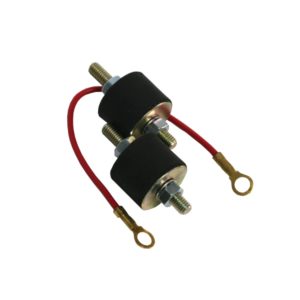 Two 12-volt automotive-type diodes isolated against a white background, with visible terminals and red wiring, equipped with a Facet Fuel Pump Rubber Mount Kit.