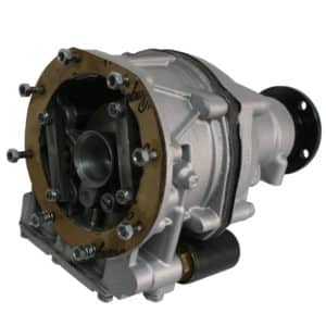 A silver supercharger with visible bolts and branding on its casing, featuring open internal sections and black fittings on either end.