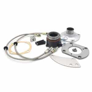 The Racetorations Hydraulic Release Bearing Kit for TR2-6 includes metal plates, gaskets, braided hoses, fittings, and a hydraulic release bearing assembly displayed on a white background.