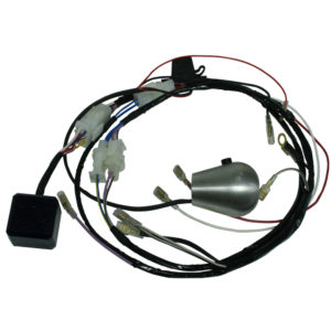 A motorcycle wiring harness including multiple wires in various colors, connectors, and a Racetorations Overdrive Engagement Kit TR2-6 small cylindrical metal part, displayed against a white background.