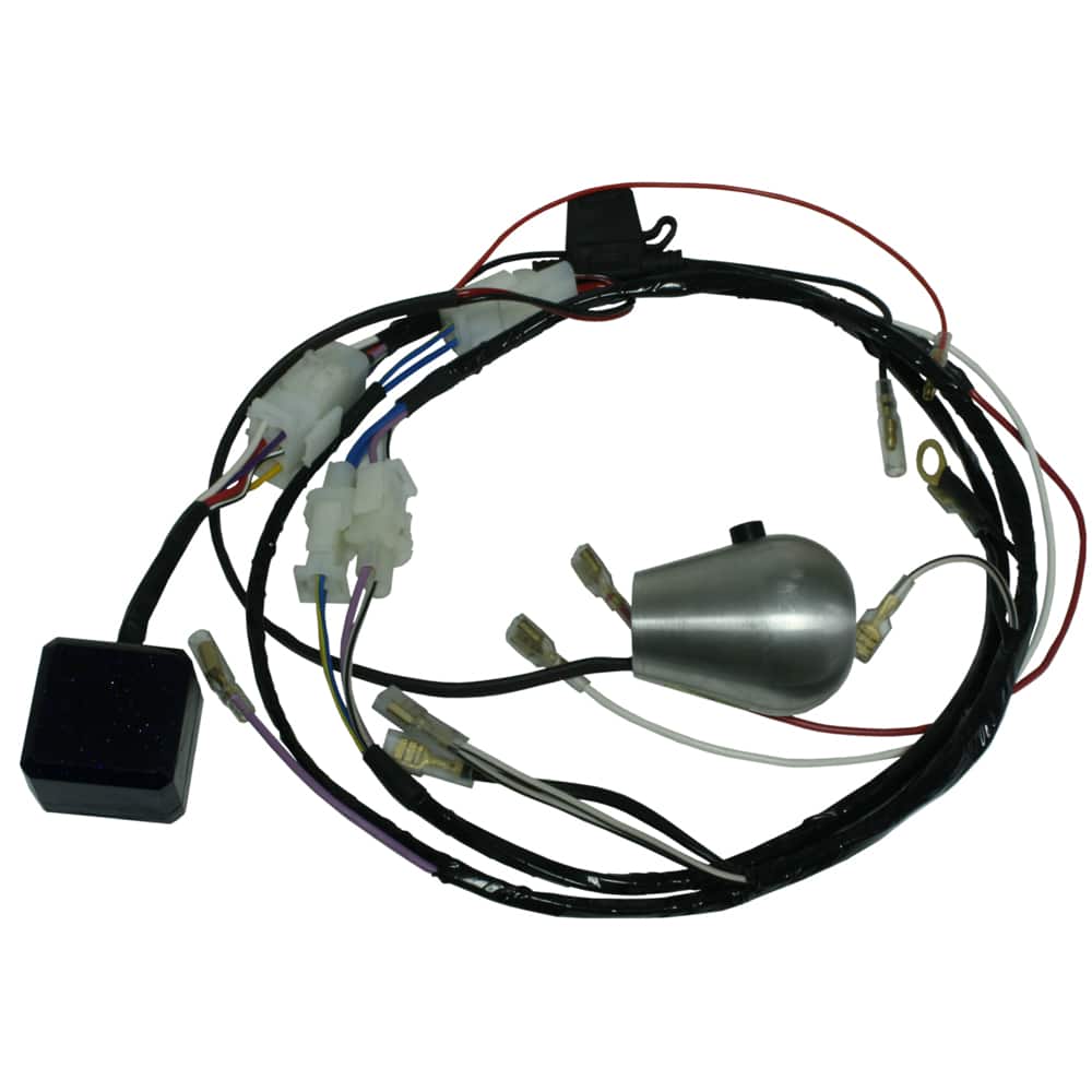 A motorcycle wiring harness including multiple wires in various colors, connectors, and a Racetorations Overdrive Engagement Kit TR2-6 small cylindrical metal part, displayed against a white background.