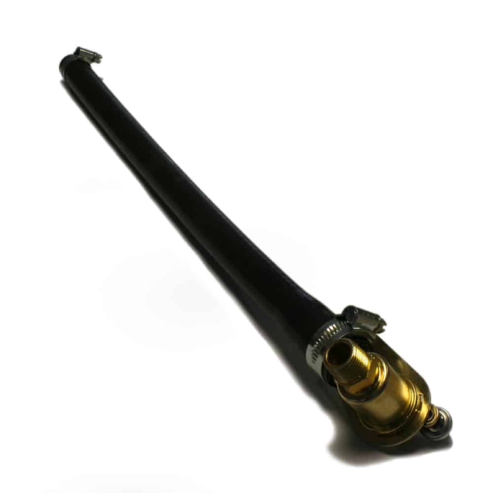 The Racetorations Uprated Heater Valve Kit - TR4-6 includes a black rubber hose with metal clips and a brass connector fitting on one end, shown isolated on a white background.