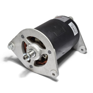 Electric motor isolated on a white background, showcasing its black cylindrical body, copper windings, and silver metal PowerLite C40 Type Dynalite mounting plate with bolts.