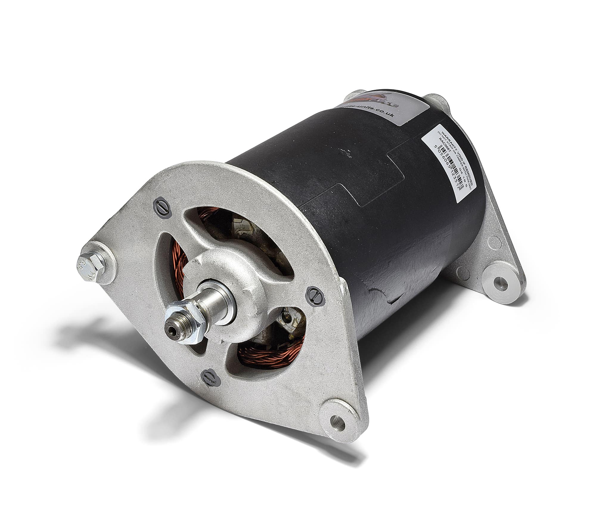 Electric motor isolated on a white background, showcasing its black cylindrical body, copper windings, and silver metal PowerLite C40 Type Dynalite mounting plate with bolts.