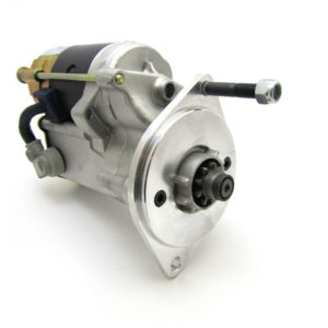 A new PowerLite High Torque Starter Motor - Triumph TR5-6, 2000/2000 TC,2500 PI & TVR isolated on a white background, showing its external metal casing and internal components.