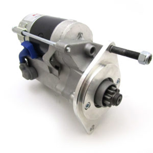 A new PowerLite High Torque Starter Motor - TR2 - 4A & GT6 (TR6 Ring Gear) for a vehicle, showing the main body, gear, and electrical connections, isolated on a white background.