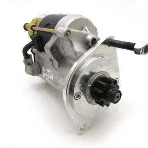 A new PowerLite High Torque Starter Motor - Triumph TR3-4A & Morgan +4 (Bolt-On Ring Gear) on a white background, featuring prominent gear levers and a housing unit with visible labels and bolts, designed for use with the Triumph TR3.