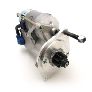 A PowerLite High Torque Starter Motor - Triumph TR2-3 & Morgan +4 (Shrink-On Ring Gear) isolated on a white background, showing detailed components including wiring and mounting points.