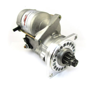 A new PowerLite High Torque Starter Motor - Ford BDG 110 Tooth X-Flow Ring Gear with a metallic finish, mounted on a white background. The starter features electrical connections.