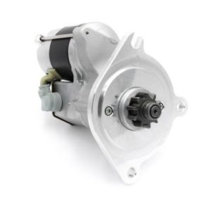 A new PowerLite High Torque Starter Motor for Aston Martin DB1-6 isolated on a white background, showing the gear, housing, and electrical connections.