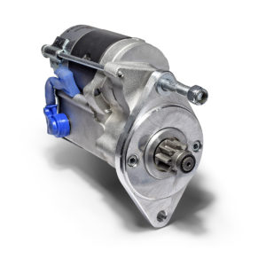 A PowerLite High Torque Starter Motor Austin Healey Sprite & MG Midget (948/1098/1275) with a blue connector, photographed on a white background, highlighting the detailed mechanical assembly and components.