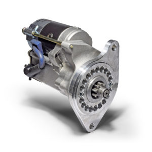A PowerLite High Torque Starter Motor for Ford Essex V4 & V6 Engines, shown isolated on a white background, with its metal casing and internal gear components visible.