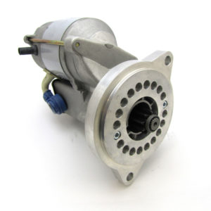 A PowerLite High Torque Starter Motor isolated on a white background, featuring a round gear at one end and electrical connectors visible on the side. Compatible with the Ford 289 engine.