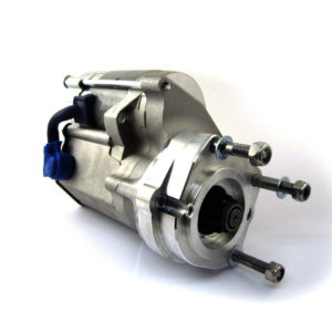 A new PowerLite High Torque Starter Motor - Alfa Romeo Spider 2000 S1, 2, 3 & 4 - 9 Tooth Pinion with exposed turbine side, featuring a metal casing and blue silicone tubes, isolated on a white background.