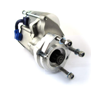 A new PowerLite High Torque Starter Motor with shiny metal housing and blue connectors, isolated on a white background, featuring a PowerLite High Torque design.