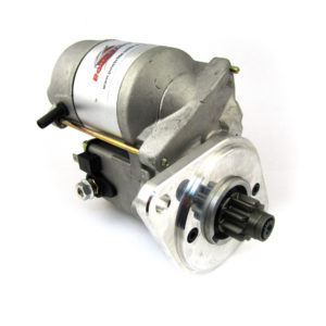 A PowerLite High Torque Starter Motor - Coventry Climax 1.2L, Lotus Elite (Coventry Climax >1963) isolated on a white background, showing metallic and black components with a pinion gear at the forefront.