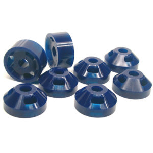 Blue anodized aluminum pulleys and cones in various sizes, displayed on a white background, complementing the SuperPro Polyurethane Differential Mounting Bush Kit - TR4A.