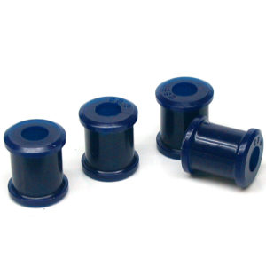 Four blue plastic wire spools of different sizes arranged on a SuperPro Upper and Lower Inner Wishbone Polyurethane Bush Kit - TR2-6 background.