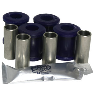 A set of polyurethane bushings and metal tubes displayed with a package of superpro polyurethane bushings beside them on a white background.