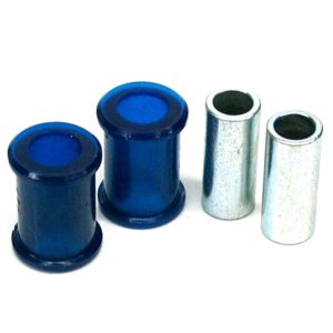 Four SuperPro Front Lower Damper Bush Sets - TR4A-6, Spitfire MKIV & 1500, Vitesse, GT6, 2000 & 2500, two coated in blue and two in metallic silver, arranged on a plain background.