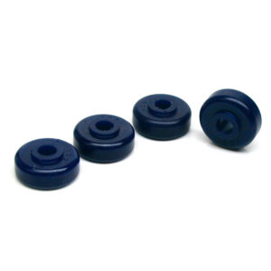 Four blue rubber grommets of various sizes arranged in a row against a white background, labeled as part of the SuperPro Front Damper Upper Mount Bush Kit - TR2-6.