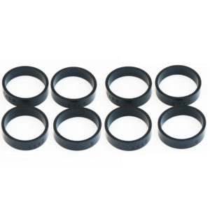 Eight black rubber o-rings of various sizes arranged in two rows on a white background, each marked with numbers indicating their sizes, part of the SuperPro Wishbone to Trunnion Pin Polyurethane Seal Kit - TR2-4.