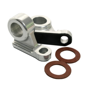Two Racetorations Aluminium Aeroscreen flange mounts with semi-circular openings and a black center, paired with three circular brown fiber washers, on a white background.