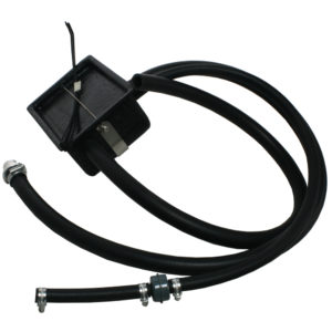 An automotive part featuring a black Racetorations Engine Breather Kit - TR4-4A fluid control valve connected to two black hoses with metal clamps, all set against a white background.