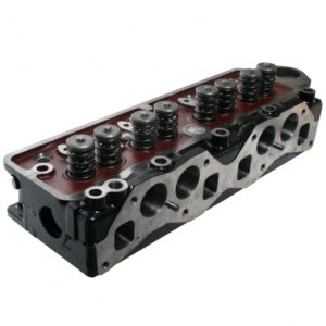 A Racetorations Unleaded Standard 'High Port' Cylinder Head with visible valves and springs, painted black and partially red, isolated on a white background.