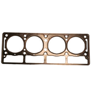 A Racetorations Copper Cylinder Head Gasket - TR2-4A & Morgan +4 with four circular openings and several small holes, isolated on a white background.