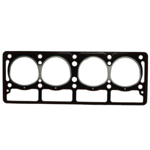 A black Racetorations Composite cylinder head gasket with four circular openings and multiple bolt holes, isolated on a white background.