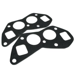 Two black rubber Uprated 'High Port' Manifold Gaskets - TR3-4A isolated on a white background.