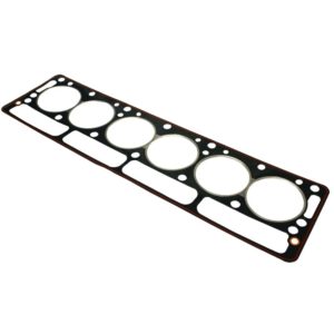 A Racetorations Composite Cylinder Head Gasket - TR5-6 with six circular openings and multiple bolt holes, isolated on a white background.