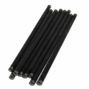 A set of Racetorations Chrome Moly Pushrods - TR2-4A, Morgan +4 with chrome caps, arranged in a fan shape on a white background.