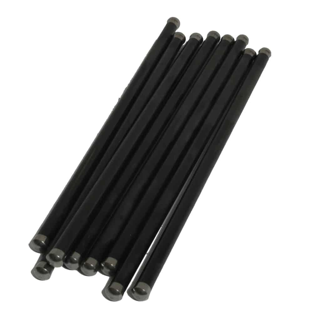 A set of Racetorations Chrome Moly Pushrods - TR2-4A, Morgan +4 with chrome caps, arranged in a fan shape on a white background.