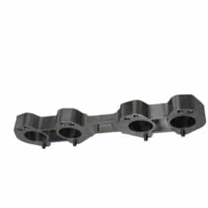A silver metal triple clamp for a motorcycle, with three circular openings for fork tubes, viewed against a white background. Includes a Racetorations SU Twin Choke DU6 Carburettors to Weber Manifold Adapter Plate - TR3-4A.