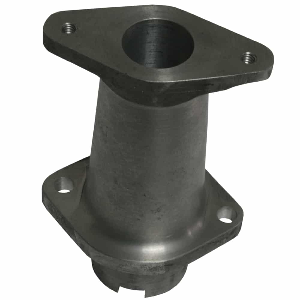 A close-up of a metal flanged pipe fitting with four bolt holes, featuring a textured surface indicative of sturdy, industrial-grade Racetorations Aluminium Distributor Pedestal, Electronic Tacho - TR2-4A material.